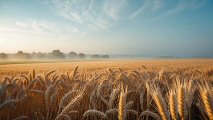 A misty blue sky over a vibrant agricultural landscape featuring ripe wheat in a harvest field.