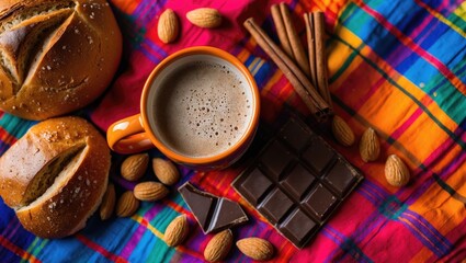 A traditional mug of Mexican hot chocolate, accompanied by chocolate pieces, cinnamon sticks, a wooden skimmer, and sweet bread concha on a vibrant tablecloth.