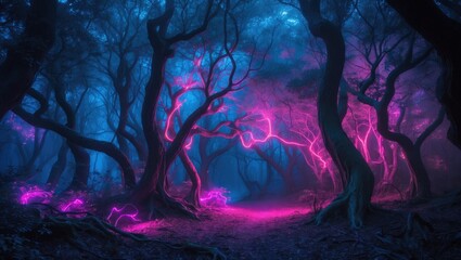 A midnight forest depicted in a dark fantasy scene featuring stunning neon night light glows in a dreamlike woodland abstraction.