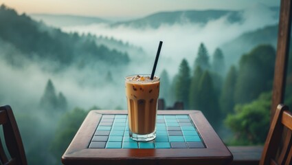 A cozy cafe setting overlooking a misty forested valley, showcasing a glass of iced coffee on a wooden table. The tranquil atmosphere makes it a perfect place for relaxation and contemplation.