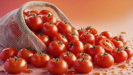 A mesh bag filled with numerous tomatoes placed on a light background. Natural cosmetic ingredient derived from tomatoes could potentially help prevent skin cancer.