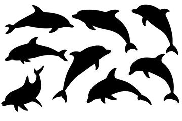 Fototapeta premium Collection of sleek dolphin silhouettes ideal for branding websites apparel and marine-life projects. High-contrast black shapes on white background.