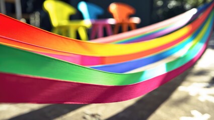 A vibrant line of rainbow-colored ribbons on a black surface, arranged in a rainbow pattern and dispersed across the surface.