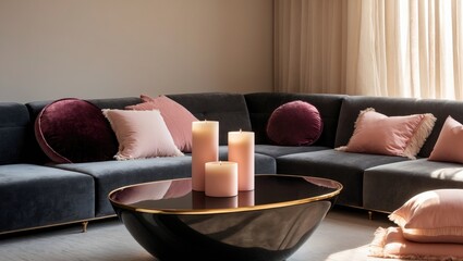 A cozy living room showcasing a plush sofa adorned with soft pink cushions and a fur blanket, complemented by a sleek black coffee table with candles.