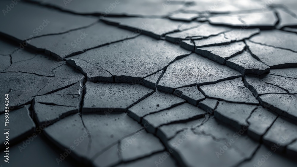 Poster a close-up of a weathered concrete surface with cracks, featuring a dark gray color and deep fissure