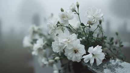 Delicate white flowers blooming in misty garden setting