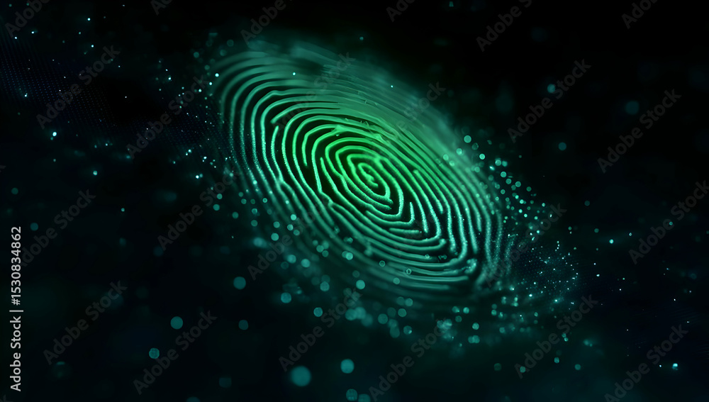 Poster a close-up view of a glowing fingerprint pattern set against a dark background, illustrating identit