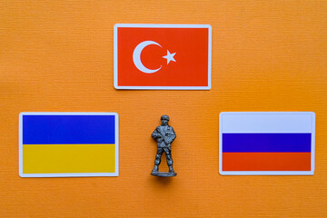 Flags of Russia, Ukraine and Turkey on a yellow background. The Russian-Ukrainian conflict.