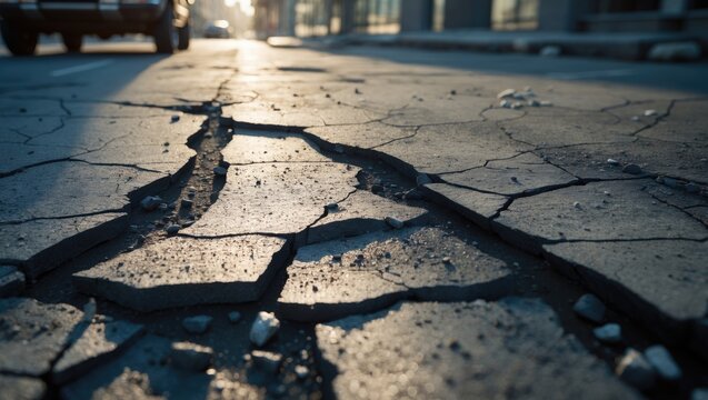 A worn and weathered concrete surface displaying evident signs of wear and tear, including a network of cracks and crevices.