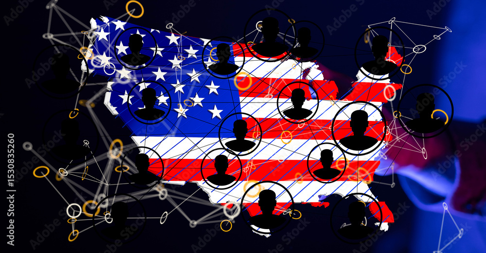 Poster us map with network connections, showing digital relationships and community.