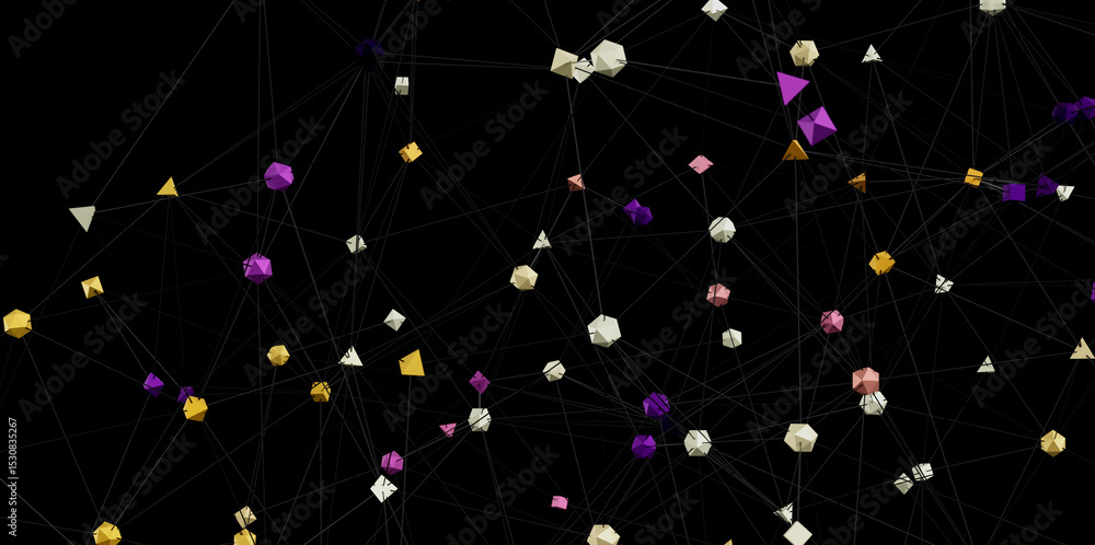 Poster 3D rendering of an abstract network.  Polygons connect to form a complex structure. Ideal for tech, data, or network concepts.