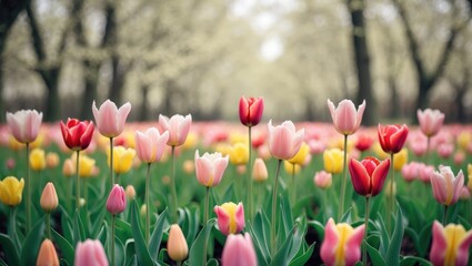 Fototapeta premium A field of vibrant blooming tulips in bright sunlight.