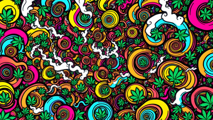 Fototapeta premium Psychedelic Dreamscape: A mesmerizing swirl of cannabis leaves amidst a vortex of vibrant colors and swirling patterns, conjuring a sense of altered reality and whimsical exploration.