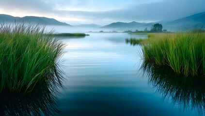 Fototapeta premium A serene waterway surrounded by lush greenery and misty mountains in the background, perfect for nature lovers.