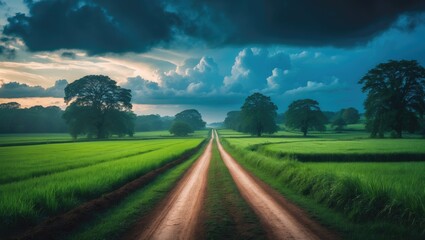 Obraz premium A dirt road meanders through a grassy field as a storm gathers in the sky above.