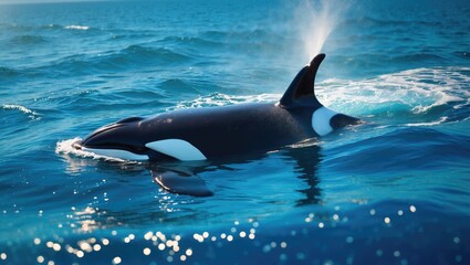 Naklejka premium A female orca surfacing to breathe in stunning blue water.