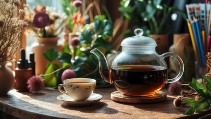Fototapeta premium A Warm and Welcoming Coffee Setup Featuring Elegant Plants and Classic Teapots