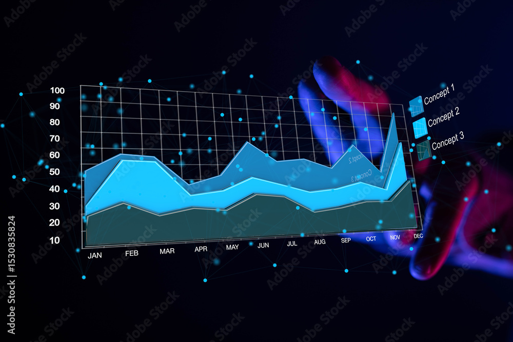 Aufkleber Stock photo of a hand interacting with a dynamic chart showing business growth and key concepts.