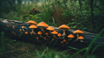 A fallen branch with orange mushrooms growing, amidst vibrant green grass.