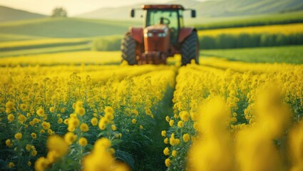A yellow oil seed rape crop alongside a farm tractor engaged in sowing wheat in the background.