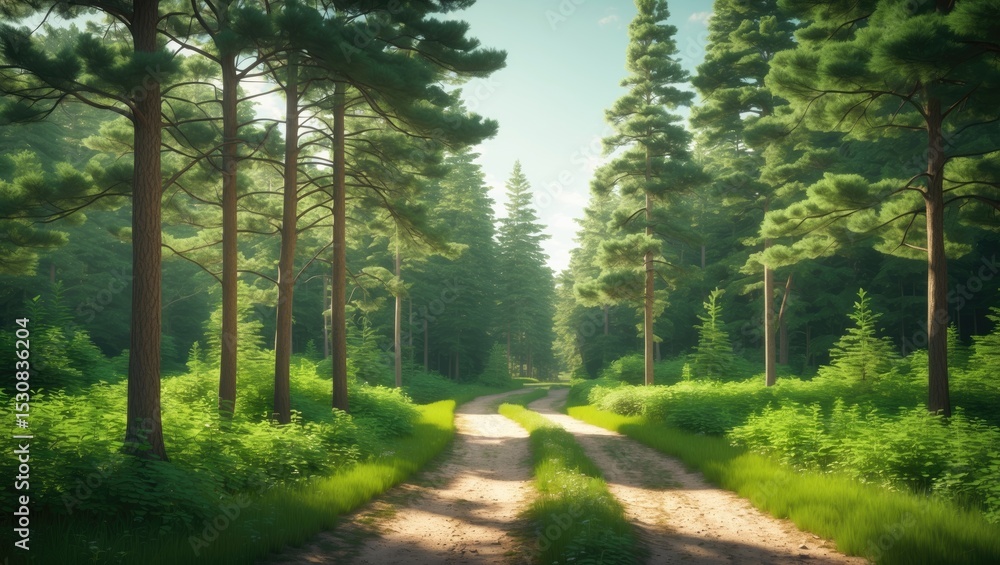 Poster a dirt path meanders through a thick pine forest. sunlight shines through the tall trees, creating d