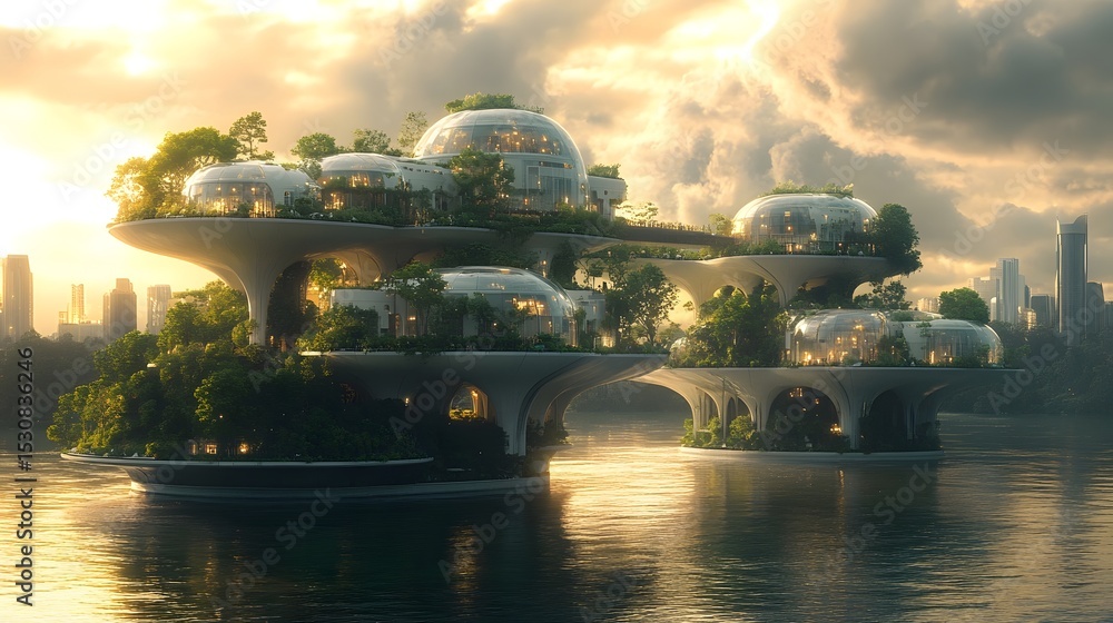 Poster a conceptual of a utopian floating city island where advanced technology and ecological elements har