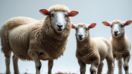 A ewe with her two lambs, one suckling, set against a white background.