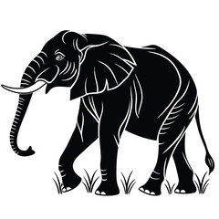 silhouette showcases an African elephant walking gracefully across grass, highlighted by distinct white markings