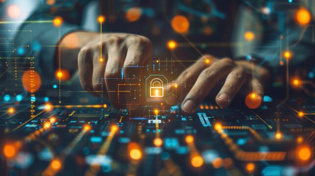 Cybersecurity concept, hands protecting a digital padlock representing data protection and internet security