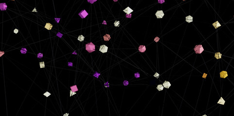 Colorful geometric shapes connected by lines.  Perfect for tech, network, or connection concepts.