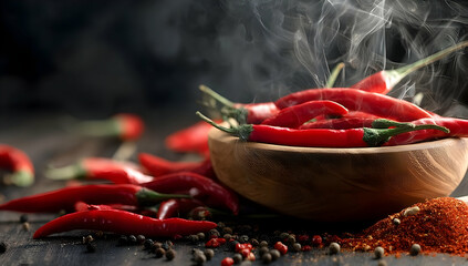 A bowl of fresh red chili peppers with spices, emitting steam. Perfect for enhancing culinary creations.