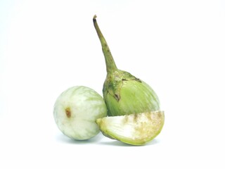 Fresh green round eggplant arranged on white background, concept of vegetable, food, Thai food ingredient.