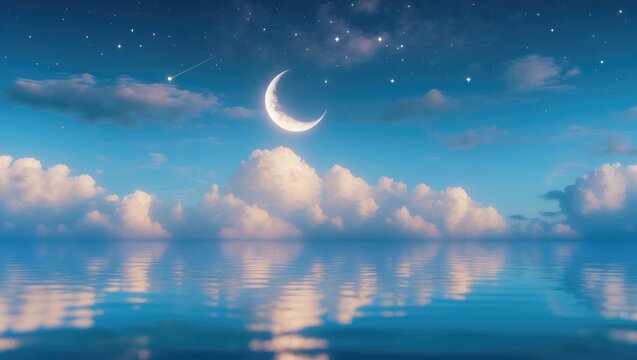 A crescent moon and shooting star appear in a sky of clouds reflected on a tranquil sea.