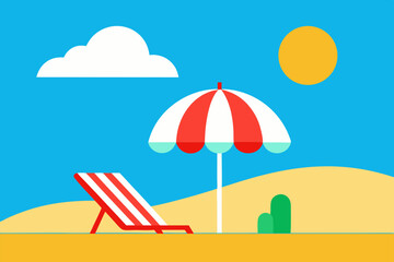 Flat Design Summer Beach Illustration - Tropical Vacation Scene with Umbrella & Sun