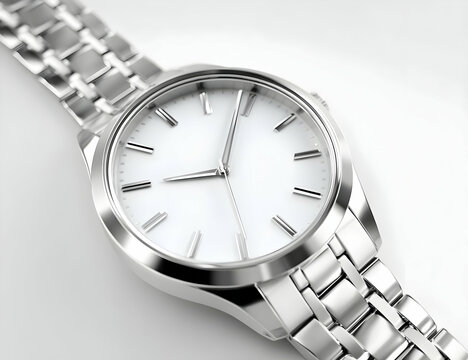 A sleek silver wristwatch with a minimalist design, featuring a white dial and metallic band for everyday elegance.