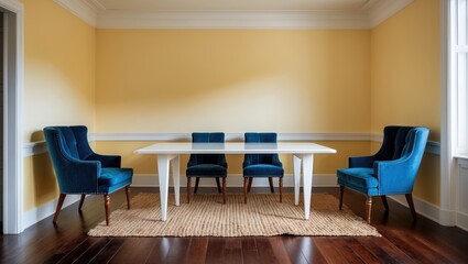 A dining room featuring yellow walls and wooden flooring, with two blue chairs and a white table positioned in the corner.