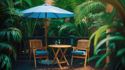 Fototapeta premium A comfortable outdoor arrangement with a wooden table and chairs designed for relaxation.