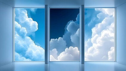A modern interior featuring three windows framing fluffy clouds against a bright blue sky, inviting a serene atmosphere.