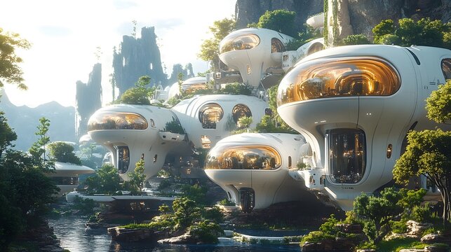 A dreamlike futuristic landscape featuring innovative organic architectural structures blending harmoniously with the natural surroundings in a utopian environmentally conscious setting