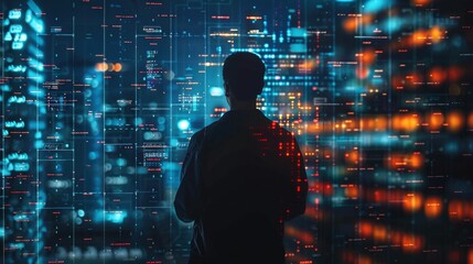 Silhouette of a Person Looking at Digital Data Stream, Technology Concept, Futuristic View, Innovation