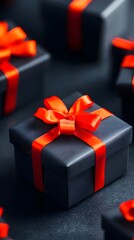 Black gift boxes red ribbon dark background sale