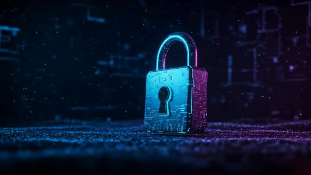 Futuristic Cyber Security Lock - A glowing, digital padlock rests on a dark, particle-filled surface. Circuit board patterns are etched onto the lock