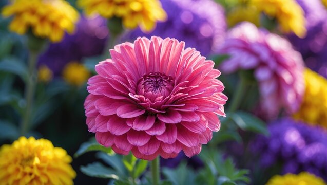 A close-up of a pink Zinnia flower with delicate petals and a yellow center, placed amidst a lively garden of marigolds and various other blooms.