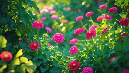 Fototapeta premium A detailed shot of bright pink zinnia flowers in a lush green garden during a sunny day