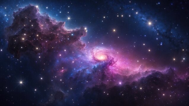 A cluster of stars and galaxies in the night sky may consist of millions of stars. A cosmic nebula facilitates the formation of a galaxy within the infinite universe.