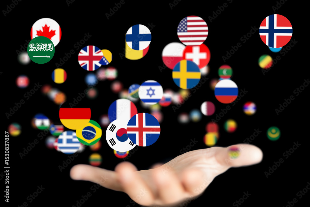 Poster image of diverse flags floating towards a hand, symbolizing global reach and international connectio