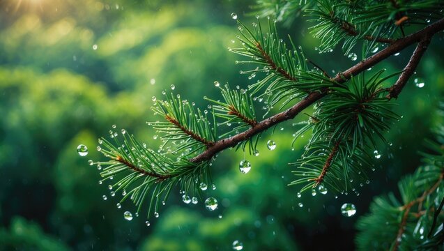 A detailed view of a pine tree branch adorned with shimmering water droplets, illuminated by sunlight