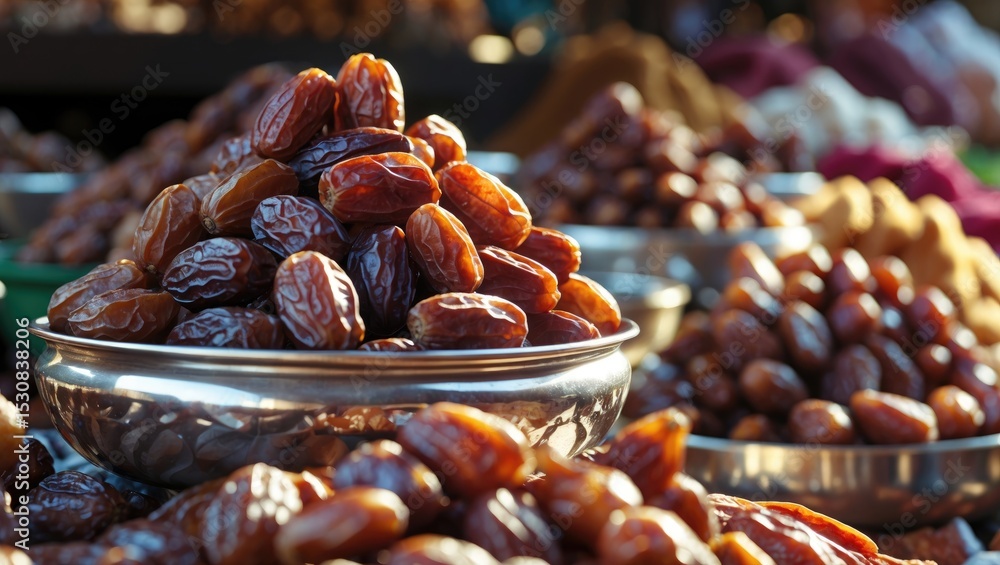 Poster a close-up of golden-brown dates stacked in a metal tray with darker dates in woven baskets in the b