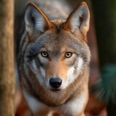 Obraz premium Close-up portrait of a wild wolf with piercing eyes, showcasing its majestic features in a natural setting.