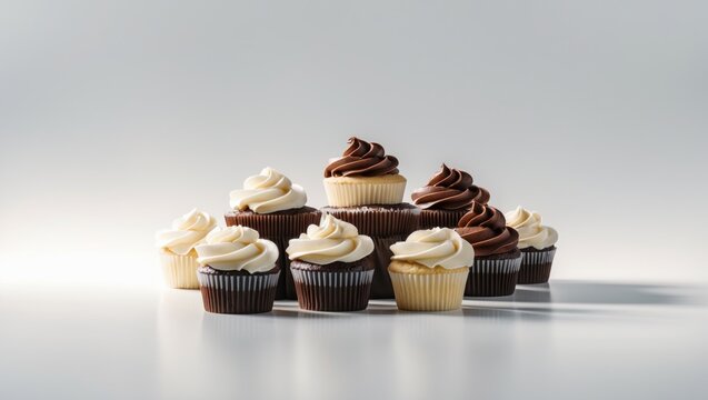 A clipping path is employed to generate a perspective of vanilla and chocolate cupcakes against a white background.